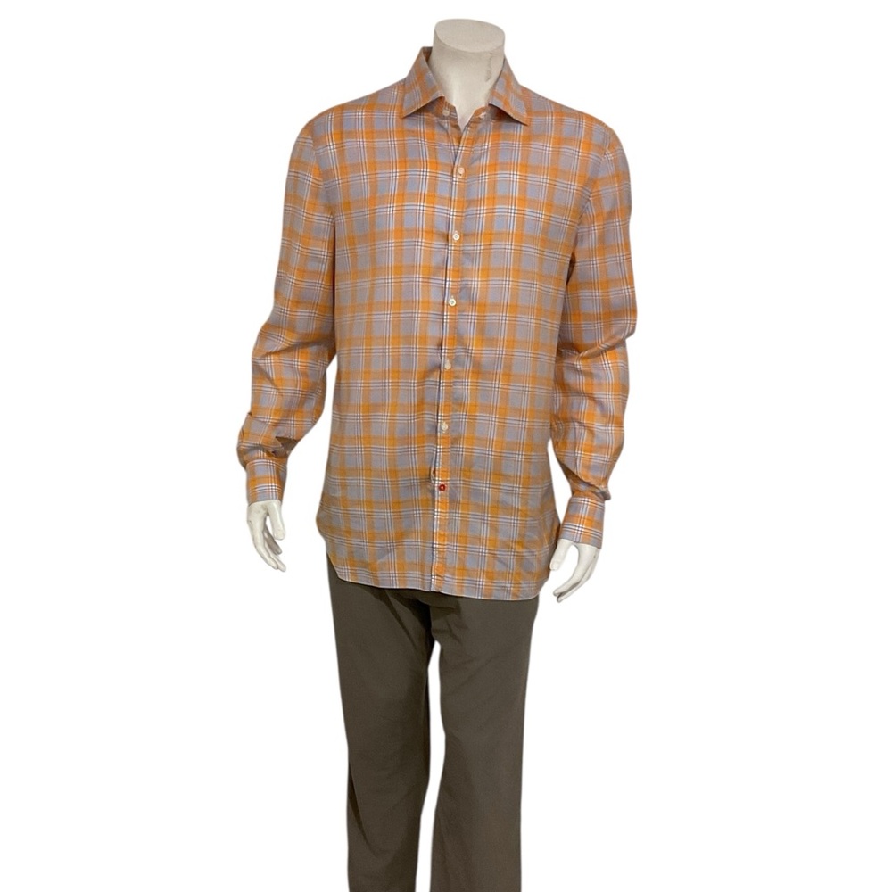 Isaia Napoli Men’s Orange Madras Plaid Dress Shirt